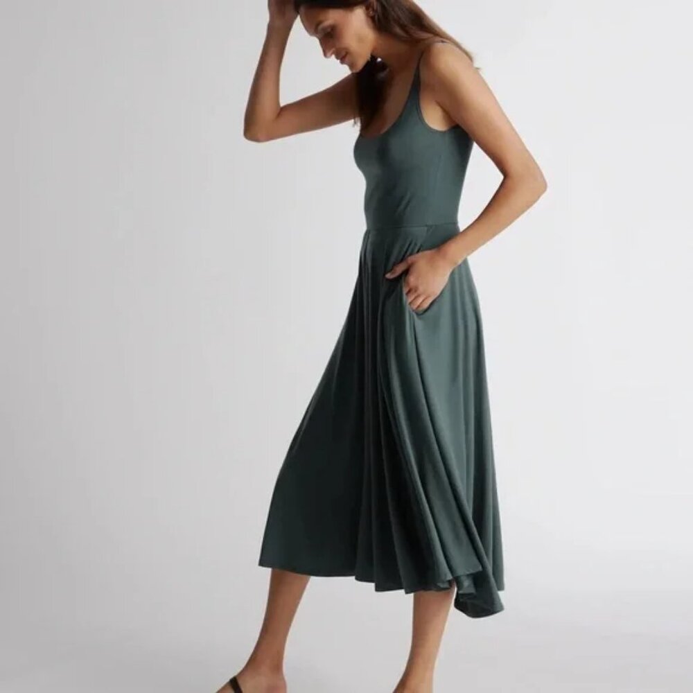 Quince Tencel Jersey Fit & Flare Dress Dark Olive Medium NWT